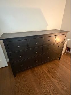 Dark brown 6-drawer HEMNES dresser in pine with black knobs - 63 in x 38 + nightstand