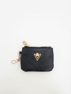 NWOT Valentino Orlandi Black & Gold V-Logo Mini Coin Purse / Keychain Zip Pouch