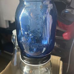 Blue mason jars and clear glass jars 10 pieces