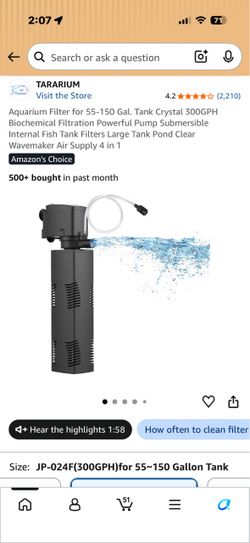 Aquarium Filter for 55-150 Gal. Tank Crystal 300GPH Biochemical Filtration Powerful Pump Submersible Internal Fish Tank Filters Large Tank Pond Clear 