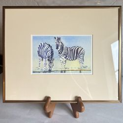 Vintage Custom Framed Signed Peter Mills “Zebra” Watercolor Painting