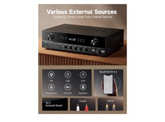New Donner Stereo Receivers, 5.1 Channel Audio Amplifier with Bluetooth 5.3, Optical/Coaxial, USB, FM, 2 Mic-in, Echo, RCA, AC-3 Input for Home, Karao