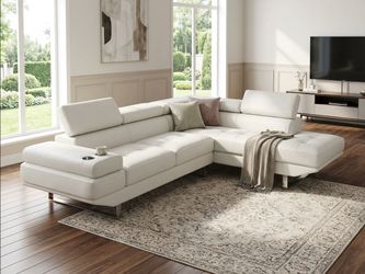 š Brand New White Leather L-Shaped Sectional Sofa Couch with Cup Holders, Storage Console & Adjustable Headrests - Pickup & Delivery š