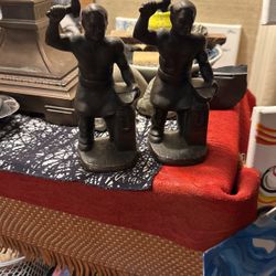 Rare Set of 2 Antique 6.5" Cast Iron & Bronze Foundry Blacksmith Workers Bookend