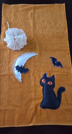 Halloween Hand Towel with Cat and Bat Appliqués