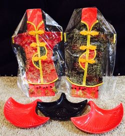 Asian Chinese fan plates and wine bottle covers