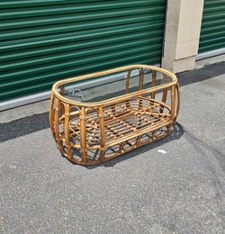 Vintage 1970s Rattan & Glass Oval Coffee Table Coastal Boho Bohemian Retro Beach House