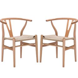 Poly and Bark | Weave Modern Wooden Mid-Century Dining Chair, Hemp Seat | Natural (Set of 4)