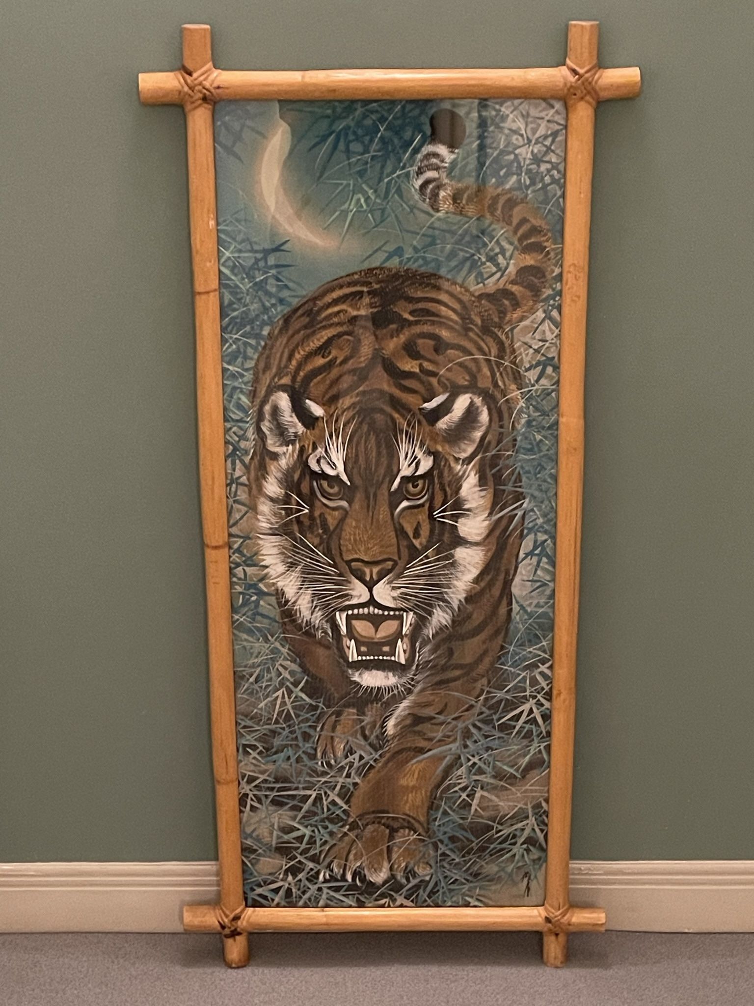 LARGE (47.5"H x 22.25" W), HEAVY (approx. 12-15 lbs.), GENUINE NATURAL BAMBOO-FRAMED, GLASS-COVERED ORIGINAL WALL ART - posted price is firm.