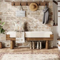 Modern Upholstered Entryway Bench, Shoe Bench End of Bed Footstool with Solid Wood Legs