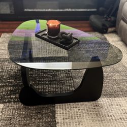 Modern Round Glass Coffee Table with Solid Wood Legs