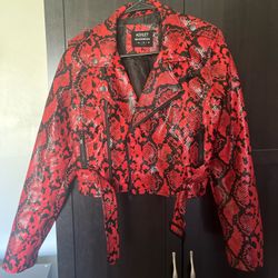 Red And Black Faux Leather Snakeskin Crop Jacket