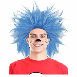 Hair Cap+ Blue Crazy Wig, Unique Spiky and Funny Wigs, Funky Fuzzy Wigs, Pelucas Para Payasos, Short Blue Wig for Anime Cosplay Halloween Costum