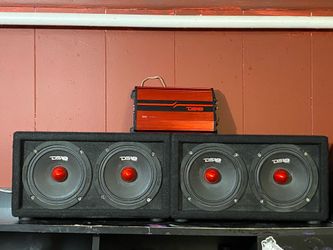 DS18 4-door speaker setup, 4 DS18 PRO mids, DS18 SXE-1200.4 amp, custom boxes, works great