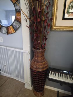Tall Woven Rattan Floor Vase with Dried Stems