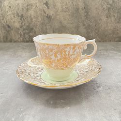 Vtg Colclough England Harlequin Gilt Gold Green Bone China Tea Cup Saucer c1937