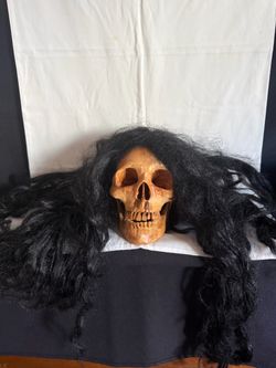 Realistic Human Skull Prop with Long Black Hair