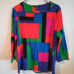 Lauren Ralph Lauren T-Shirt Women’s Size XL Long Sleeve Square Neck Colorblock Multicolor
