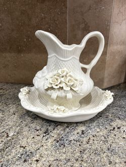 Antique Ivory Jug And Wash Basin Set In 3 D With Rose Floral Pitcher.