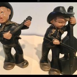 2 Vtg.1950s Chalkware Singing Cowboys 8” Tall Alexander Backer Co. Hand-Painted Western Musicians