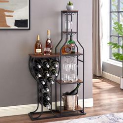 11-Bottle Rustic Brown Wine Rack 5 Tier Freestanding Wine Bakers Rack with Hanging Wine Glass Holder and Storage Shelves