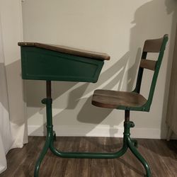Antique 1950s Green industrial Children's School Desk with attached swivel Chair