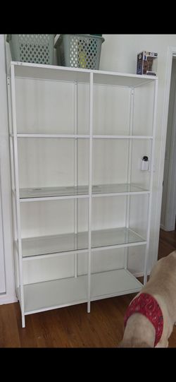 White Metal Shelving Unit with Glass Shelves
