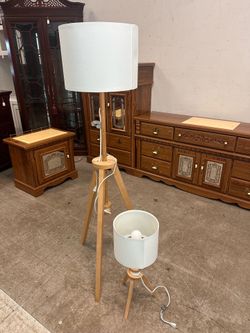 Modern Wood Tripod Floor Lamp With Matching Table Lamp