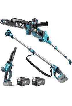 SEESII 10-Inch 2-in-1 Cordless Pole Saw & Mini Chainsaw,2 x 4.0Ah Batteries Brushless Handheld Chain Saw,Auto Oiling, Telescoping Pole with Pivoting H