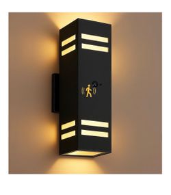 Motion Sensor Outdoor Wall Lights, Dusk to Dawn Porch & Patio Sconce with E26 Dimmable LED Bulbs, Black Aluminum Up & Down Exterior Lights for Garage,