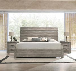 Roundhill Furniture Floren - 3-Piece Distressed Gray Wood Bedroom Set, Bed with 2 Nightstands, Queen Size