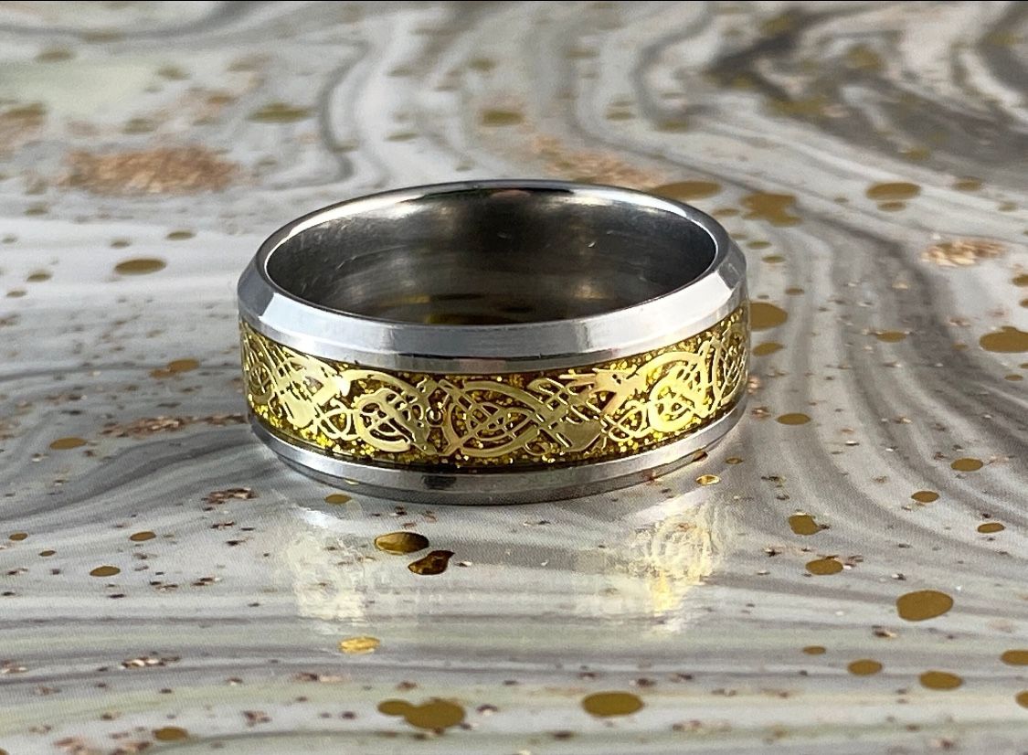 8mm Gold & Silver Celtic Dragon Ring, 316L Stainless Steel Ring, Wedding Band, Comfort Fit, Promise Ring, Thumb, Father's Day Gift for Him