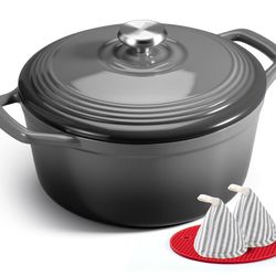 Overmont Refined Enameled Cast Iron Dutch Oven - 5.5QT Pot with Wide Handles Lid Cookbook & Cotton Potholders - Heavy-Duty Pre-Seasoned Cookware Oven