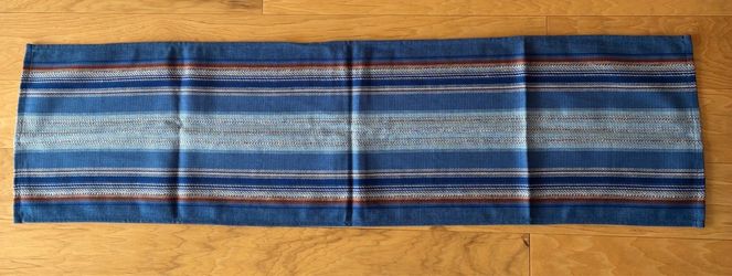 Hand woven table runner, multi color blue, Made in Sweden, new, 13”X48”.
