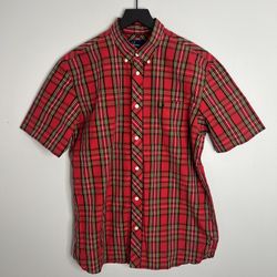 Fred Perry Short Sleeve Tartan Button Down Shirt Mens Large Red M4352