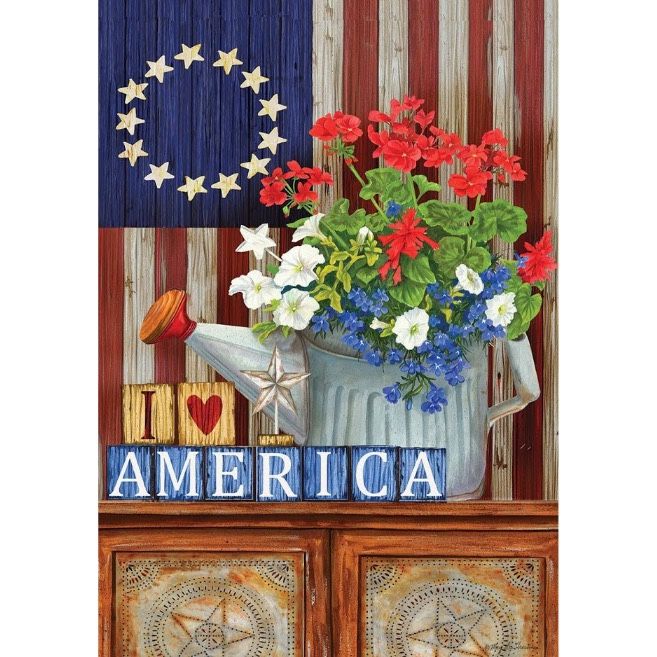 Garden Flag-New- I Love America Country Garden Watering Can with Flowers - Bundle and save on shipping