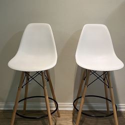 Modern White Bar Stools (Set of 4) – Wood Legs + Footrest