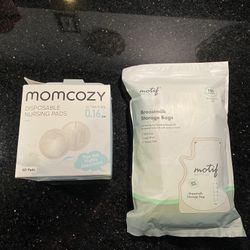 60-Count Momcozy Ultra-Thin Disposable Nursing Pads & 100-Count Motif Breast Milk Storage & Freezer Bags 8oz