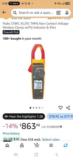 Fluke 378FC AC/DC TRMS Non-Contact Voltage Wireless Clamp w/PQ Indicator & iFlex
