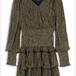 Habitual Girls' Shimmer Smocked Tiered Dress in black and gold metallic. Girls size 14.