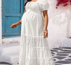 SHEIN Maternity Solid Color Square Neck Puff Sleeve Casual Tie Waist Dress