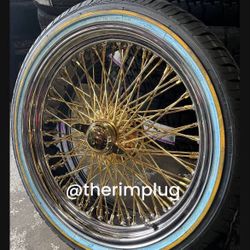 22 Inch 80 Spoke Quad Cross Laced Luxor Wire Wheels Gold Center Chrome Lip Vogue Tires 265/35/22