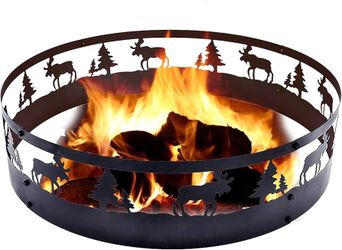 36 Inch Fire Pit Ring with Deer Wolf Wildness 360° Carving