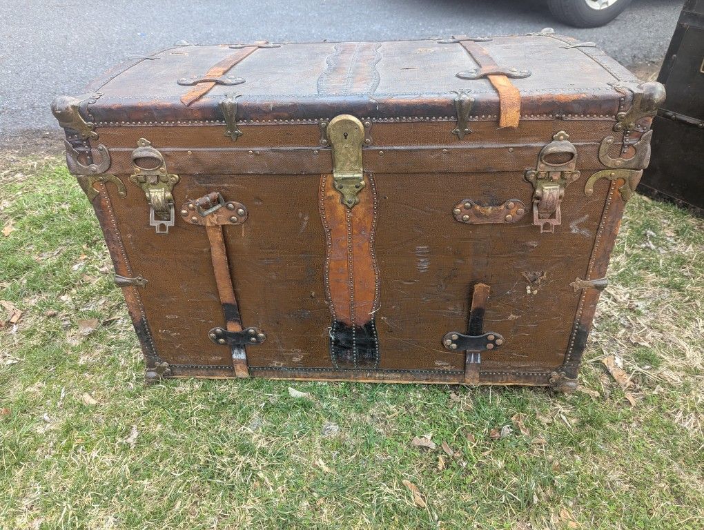 Antique Brown Leather Trunk Storage Coffee Table