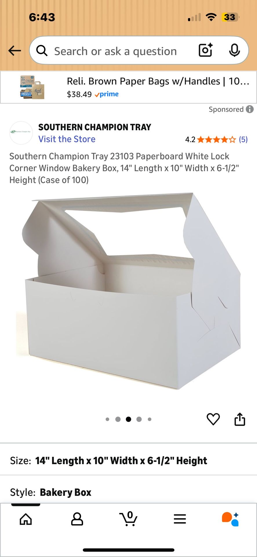 Window Bakery Box, 14" Length x 10" Width x 6-1/2" Height (Case of 100)