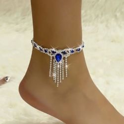 Luxury Blue Color Water Droplets Rhinestones Tassel Anklet