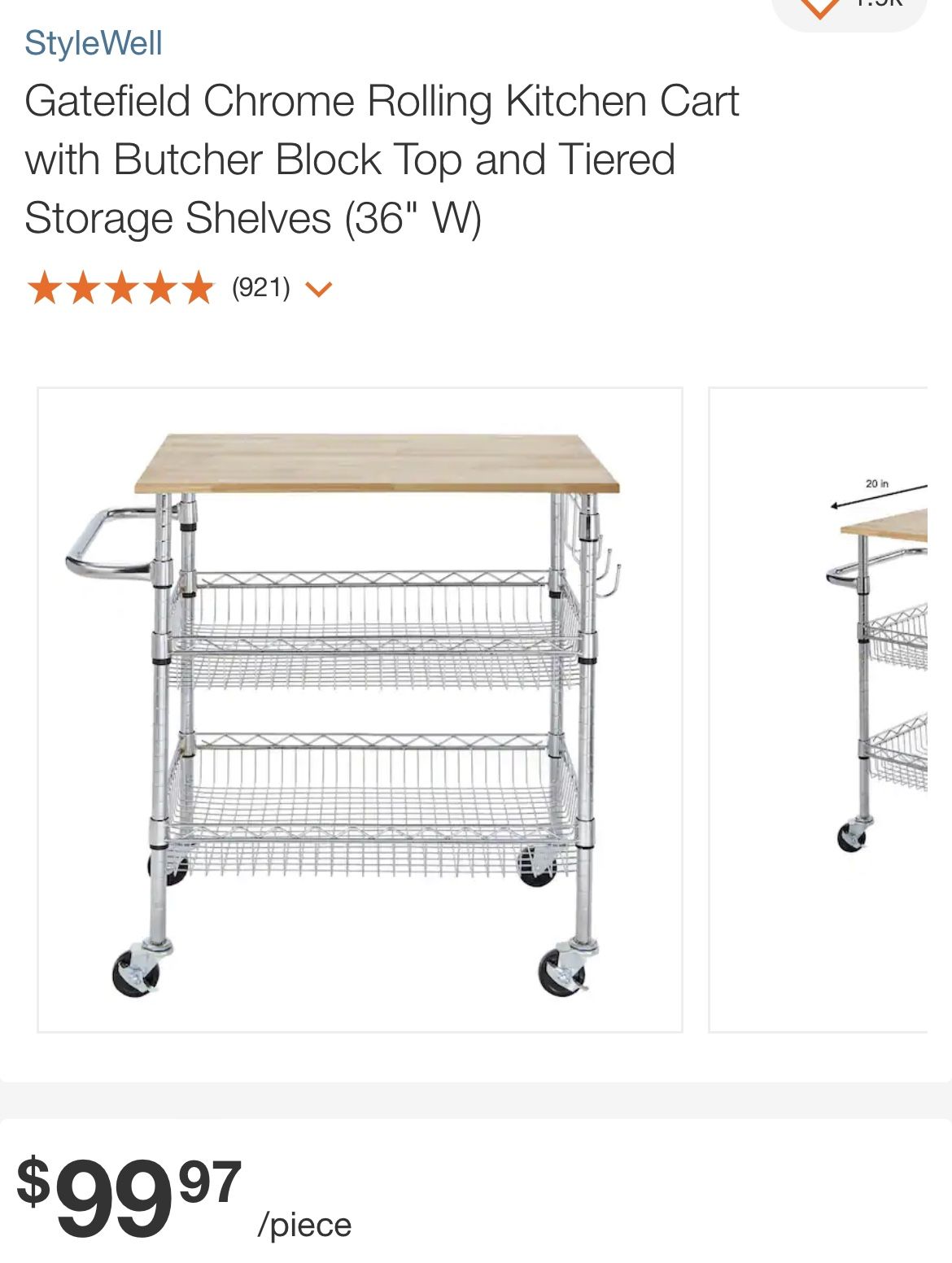 Gatefield Chrome Rolling Kitchen Cart with Butcher Block Top and Tiered Storage Shelves (36" W)