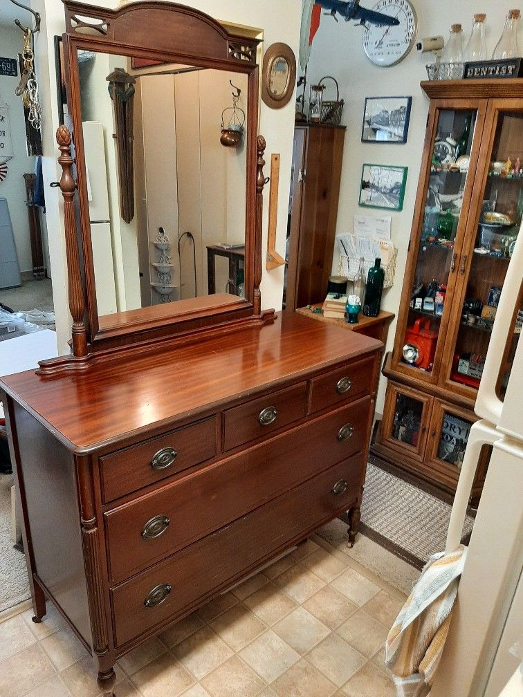 1950's Van Dyk Dresser With Vanity Mirror On Rolling Legs