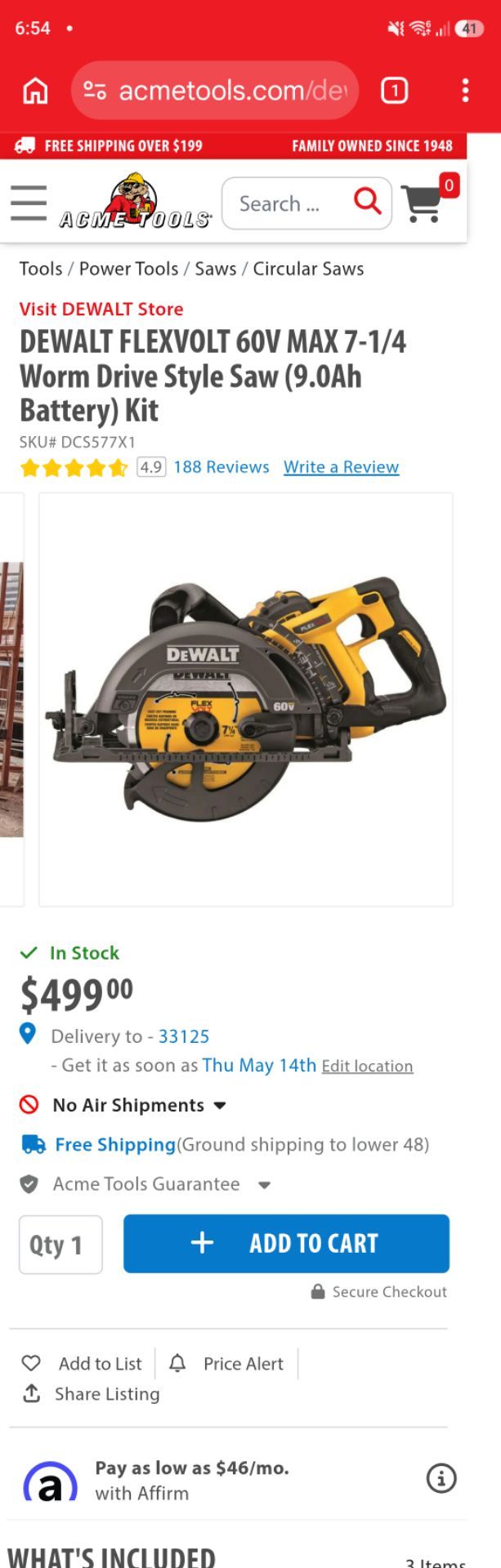 DEWALT FLEXVOLT 60V MAX 7-1/4 Worm Drive Style Saw (9.0Ah Battery) Kit