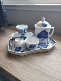 Blue and White Porcelain Tea Set with Tray